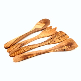 Handmade Olive Wood Kitchen Utensil Set of 4 (Spoon, Spork, Pierced Spatula, Spatula)