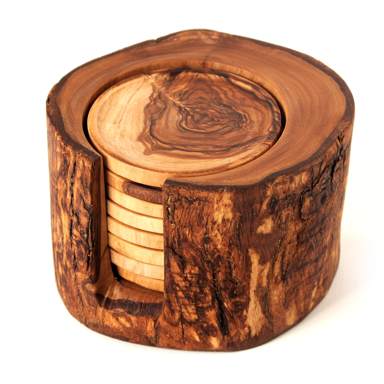 Olive wood set of 6 Coasters in Rustic Holder