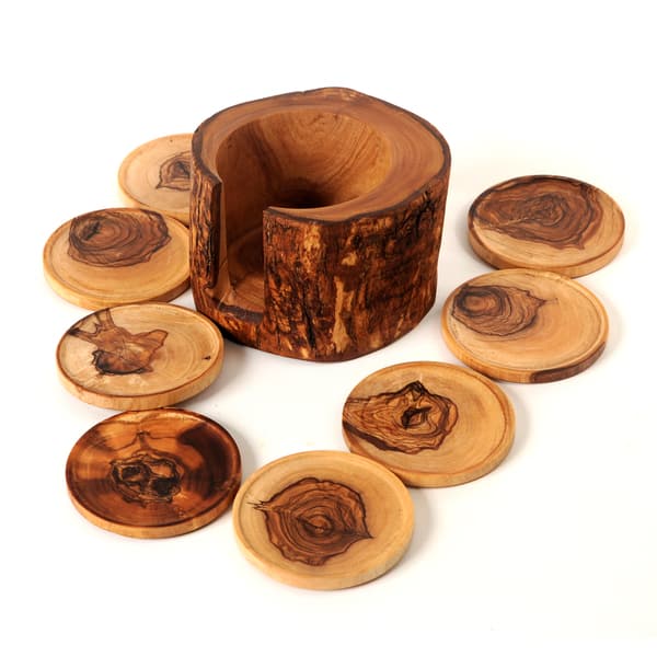 Wooden Coaster Set- Olive Wood Rustic Holder and 8 Coasters