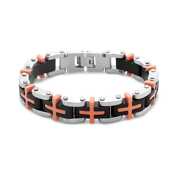 La Preciosa Stainless Steel Mens Black and Orange Rubber Link