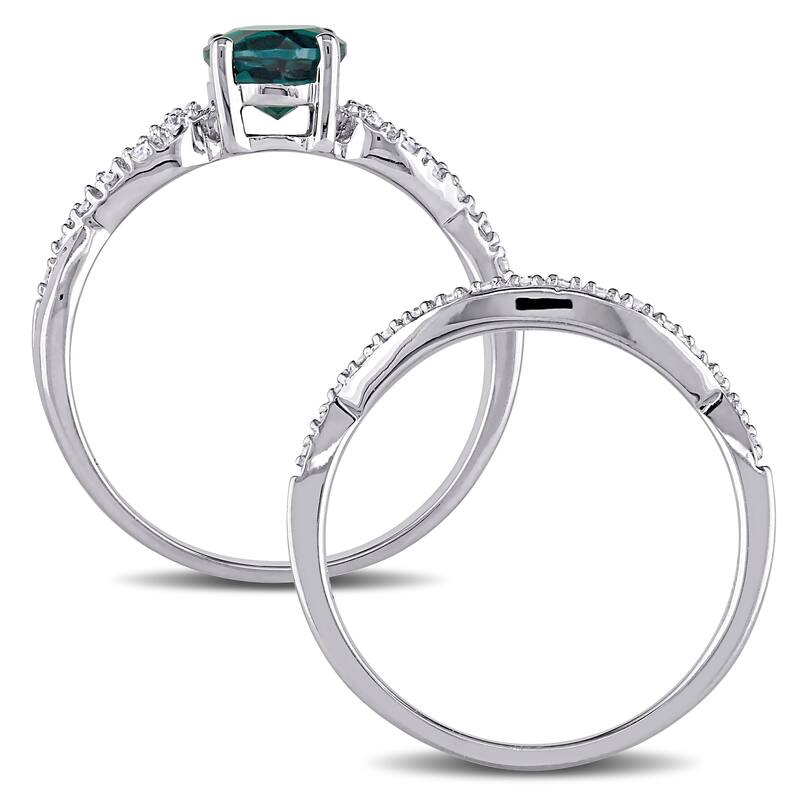 Miadora 10k White Gold Created Emerald and 1/6ct TDW Diamond Bridal Ring Set