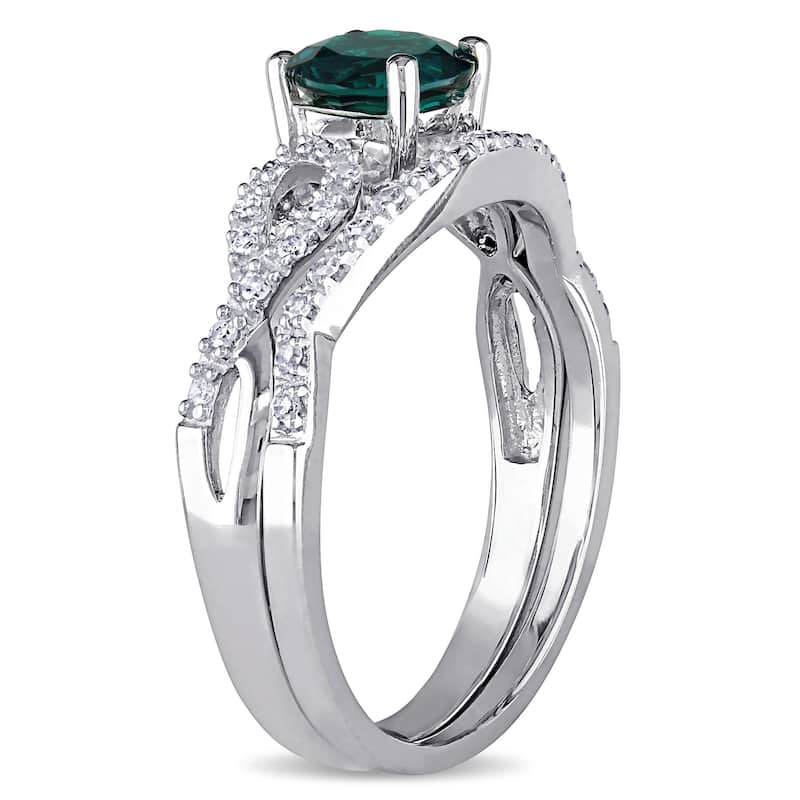 Miadora 10k White Gold Created Emerald and 1/6ct TDW Diamond Bridal Ring Set