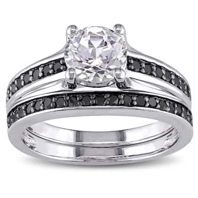 Miadora Sterling Silver Created White Sapphire and 1/3ct TDW Black Diamond Bridal Ring Set