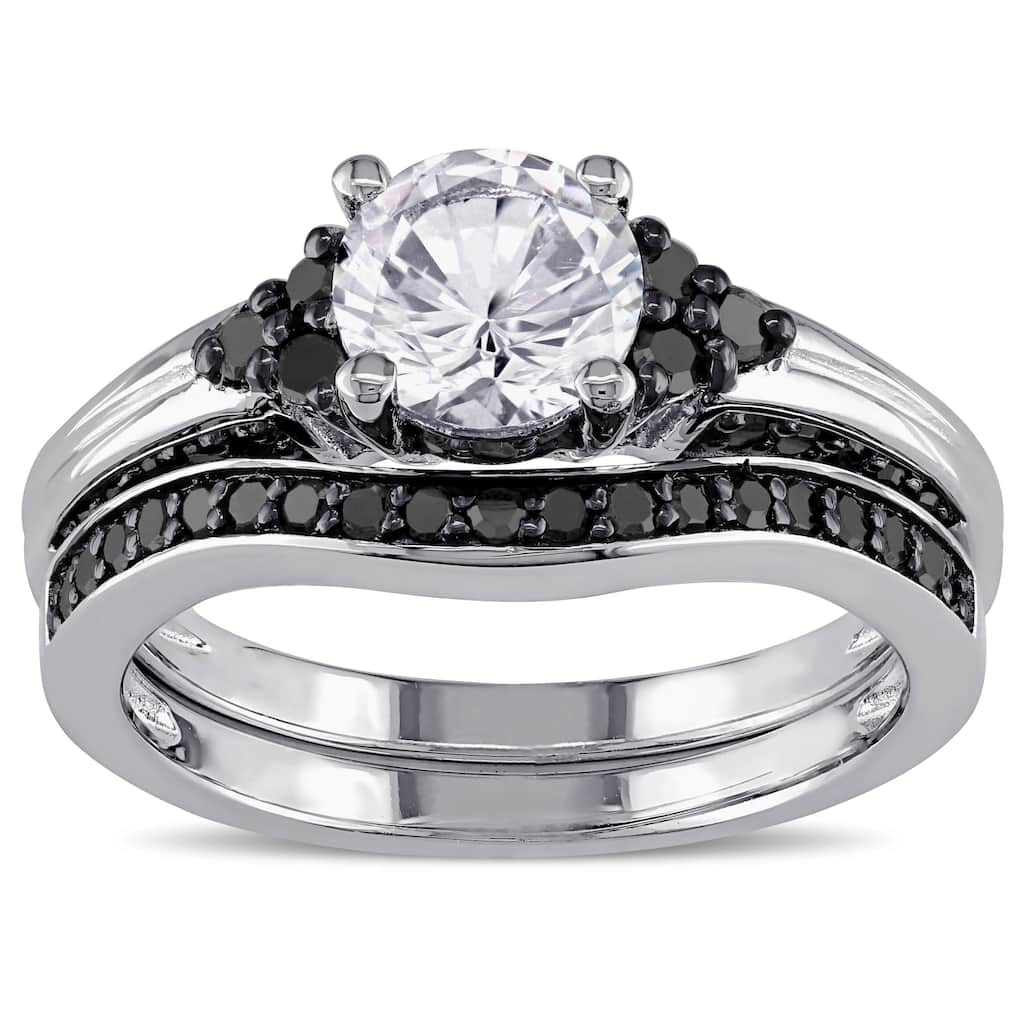 Miadora Sterling Silver Created White Sapphire and 3/5ct TDW Black Diamond Bridal Ring Set