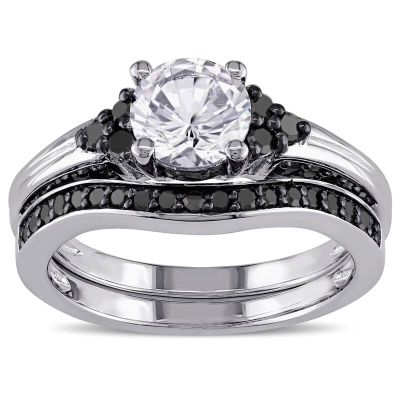 Miadora Sterling Silver Created White Sapphire and 3/5ct TDW Black Diamond Bridal Ring Set