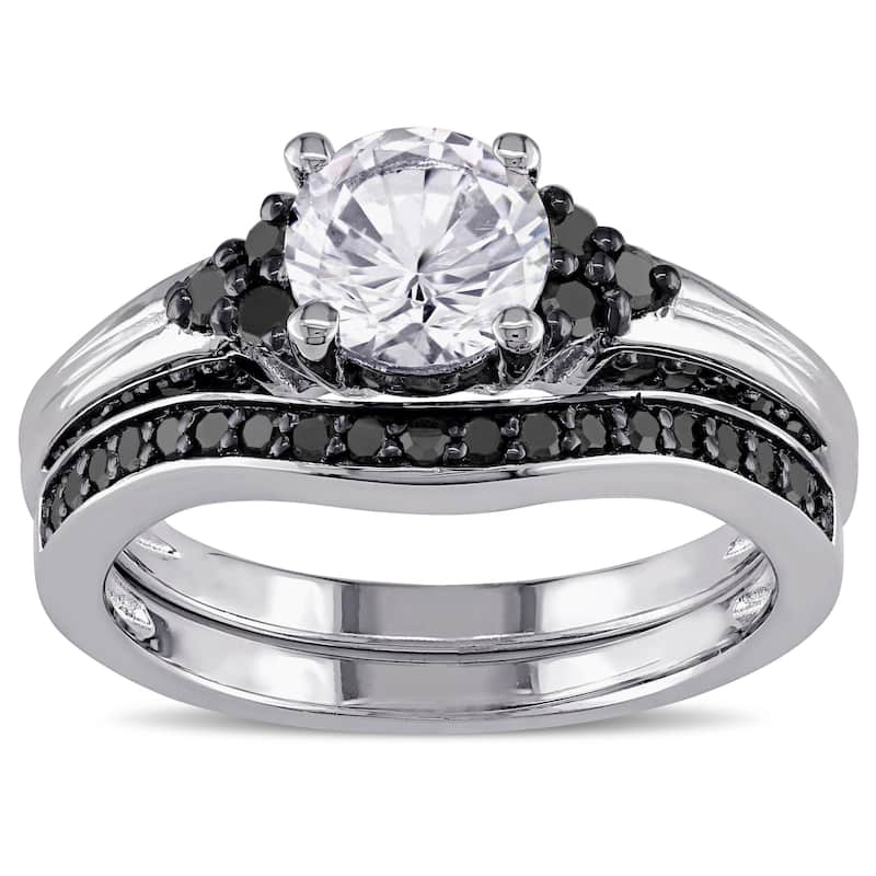 Miadora Sterling Silver Created White Sapphire and 3/5ct TDW Black Diamond Bridal Ring Set - 5