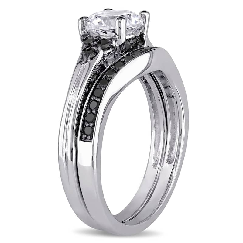 Miadora Sterling Silver Created White Sapphire and 3/5ct TDW Black Diamond Bridal Ring Set