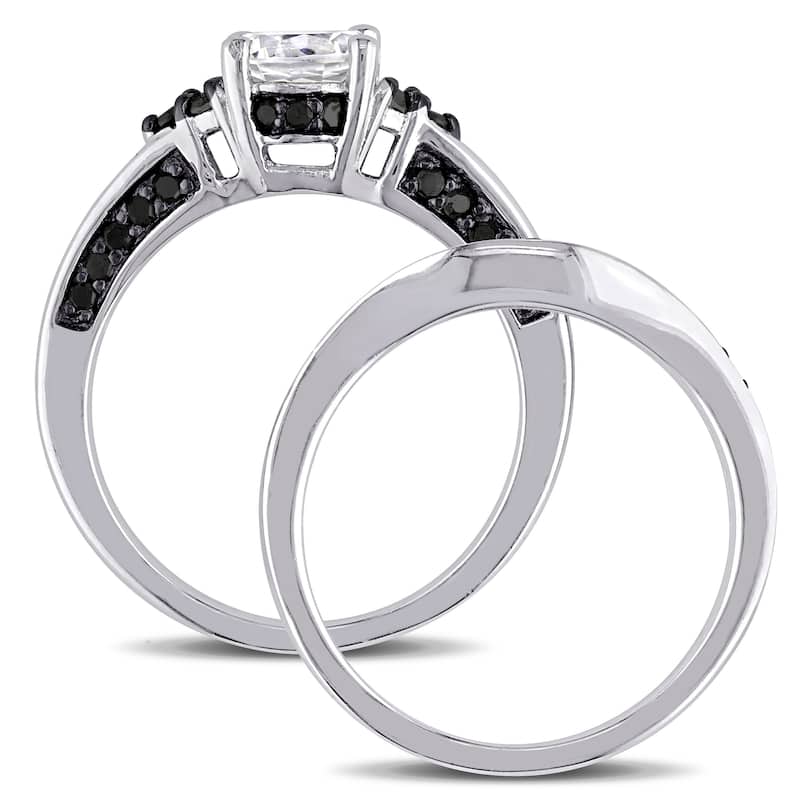 Miadora Sterling Silver Created White Sapphire and 3/5ct TDW Black Diamond Bridal Ring Set
