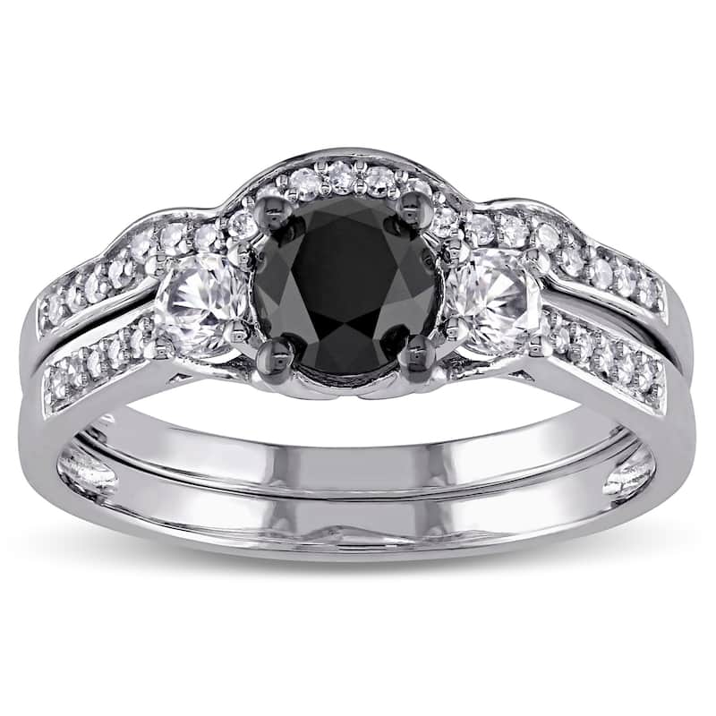 Miadora 10k White Gold Created White Sapphire and 7/8ct Black and White Diamond Bridal Ring Set (G-H, I2-I3)