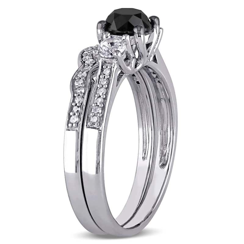 Miadora 10k White Gold Created White Sapphire and 7/8ct Black and White Diamond Bridal Ring Set (G-H, I2-I3)