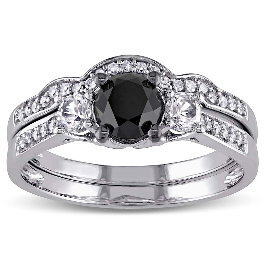 Miadora 10k White Gold Created White Sapphire and 7/8ct Black and White Diamond Bridal Ring Set (G-H, I2-I3)