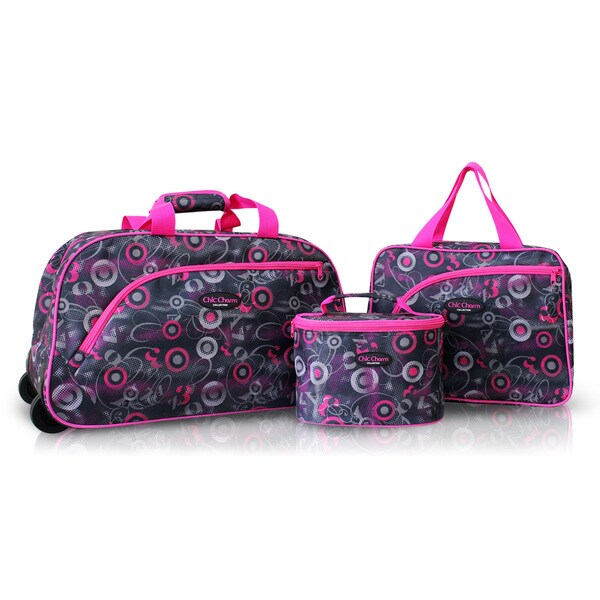 Shop Jacki Design Pink 3-piece Rolling Travel Bag and Cosmetic Bag Set - Overstock - 10207867