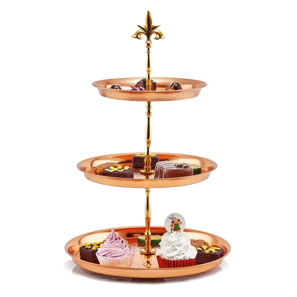 Three Tier Hammered Solid Copper Serving Stand with Brass Stem