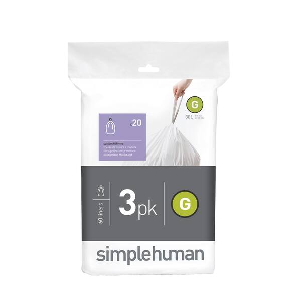 simplehuman Code J Drawstring Custom Fit Trash Can Liners, 20-pk, White,  40-L