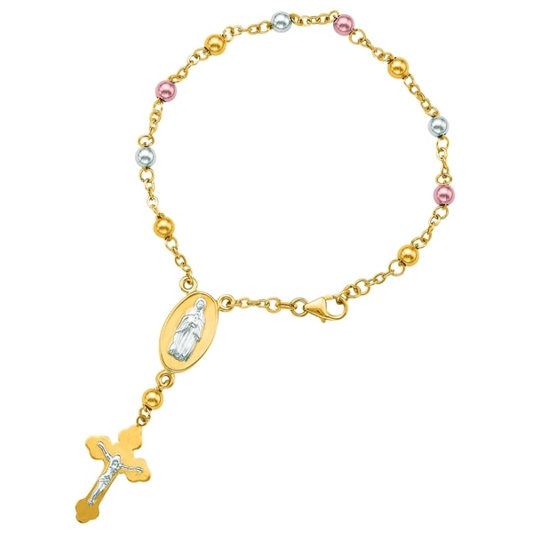 14k Three Tone Gold 7 Inch Beaded Rosary Bracelet On 14k Three Tone Gold 7 Inch Beaded Rosary Bracelet
