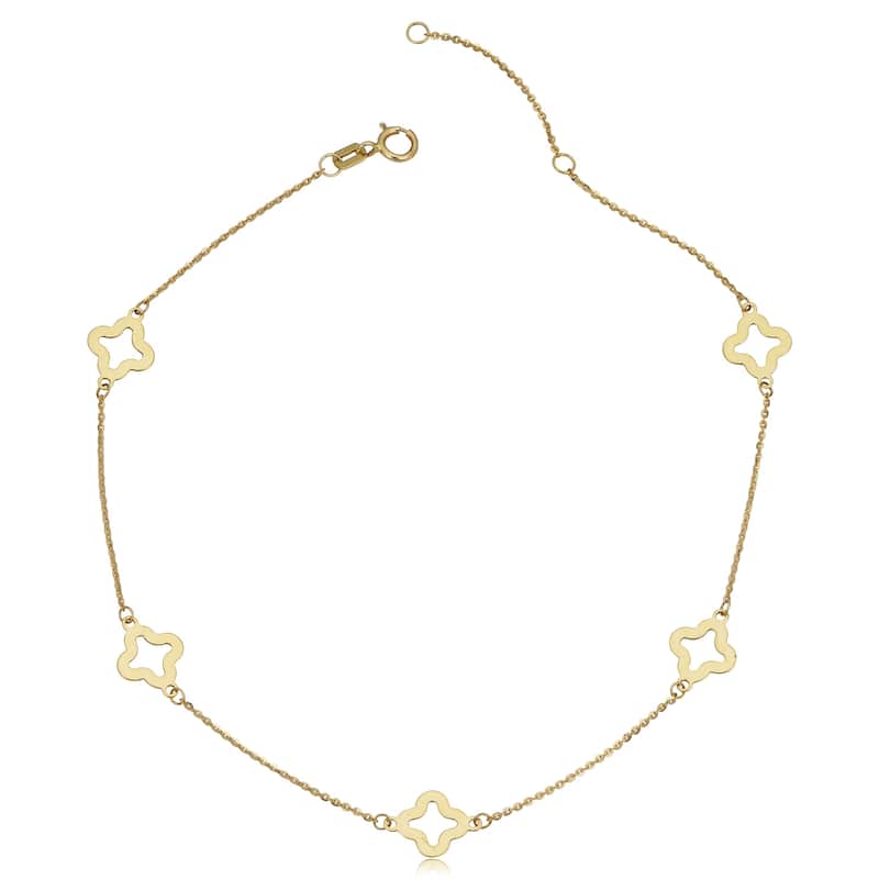 14k Yellow Gold Stylish Flower Station Anklet (10 inches)