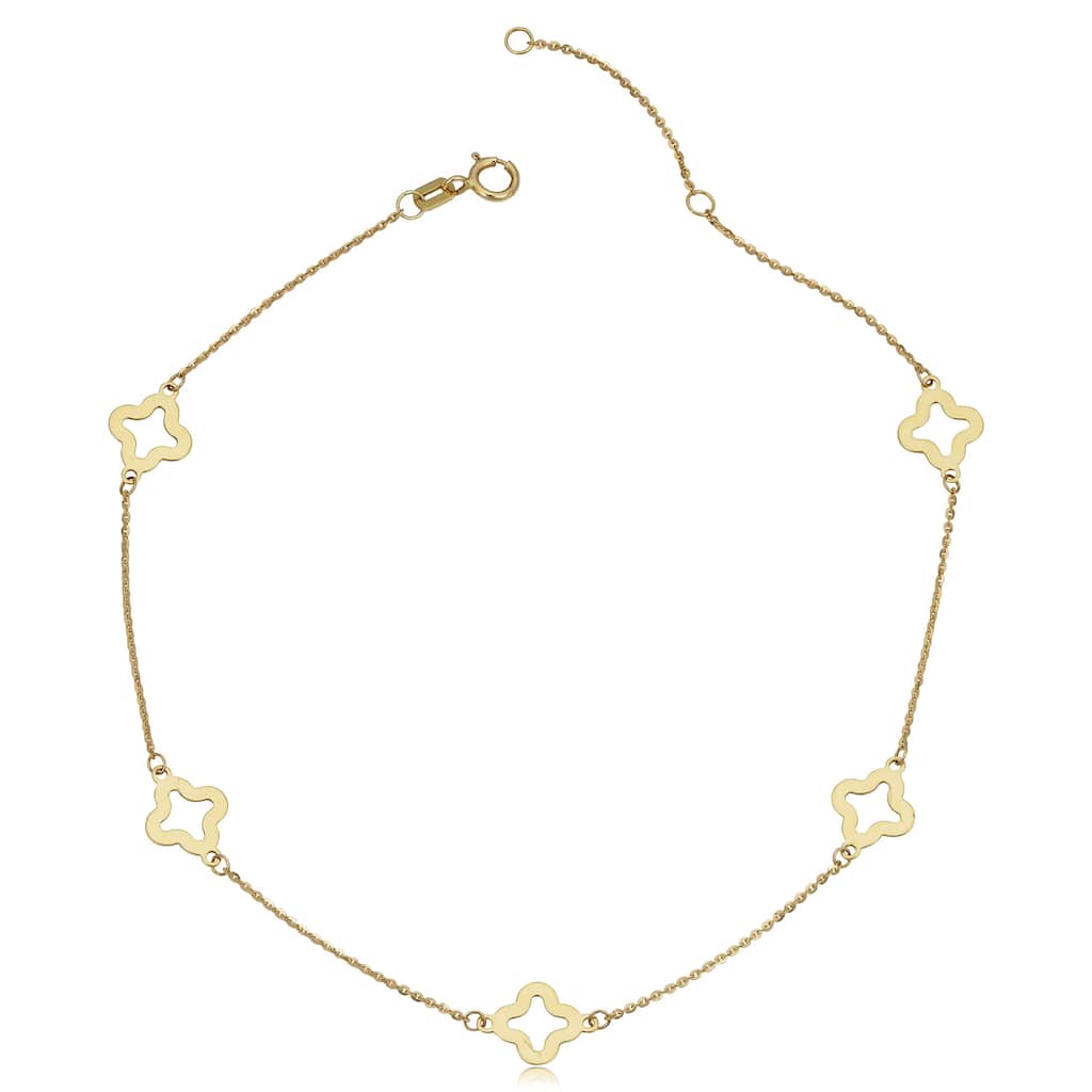 14k Yellow Gold Stylish Flower Station Anklet (10 inches)
