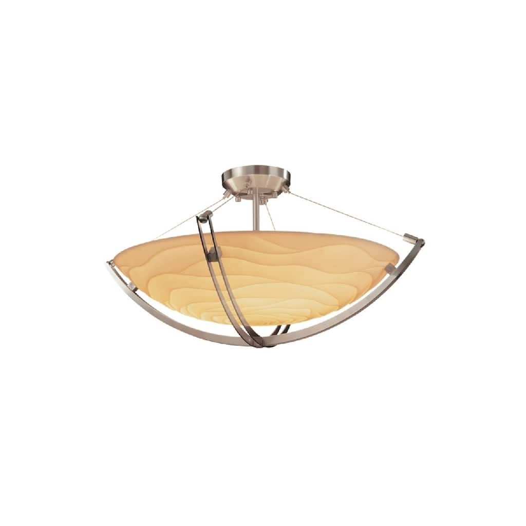 Justice Design Porcelina Crossbar 3-light Brushed Nickel Round Bowl Semi-flush, Waves Shade