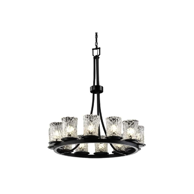 Justice Design Veneto Luce Dakota 12-light Matte Black Chandelier, Tall Clear Textured Cylinder - Rippled Rim Shade