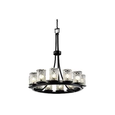 Justice Design Veneto Luce Dakota 12-light Matte Black Chandelier, Tall Clear Textured Cylinder - Rippled Rim Shade