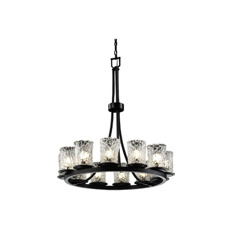 Justice Design Veneto Luce Dakota 12-light Matte Black Chandelier, Tall Clear Textured Cylinder - Rippled Rim Shade - Matte Black, Clear Textured