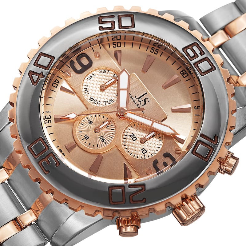 Joshua & Sons Men's Swiss Quartz Multifunction Dual Time Stainless Steel Two-Tone Bracelet Watch