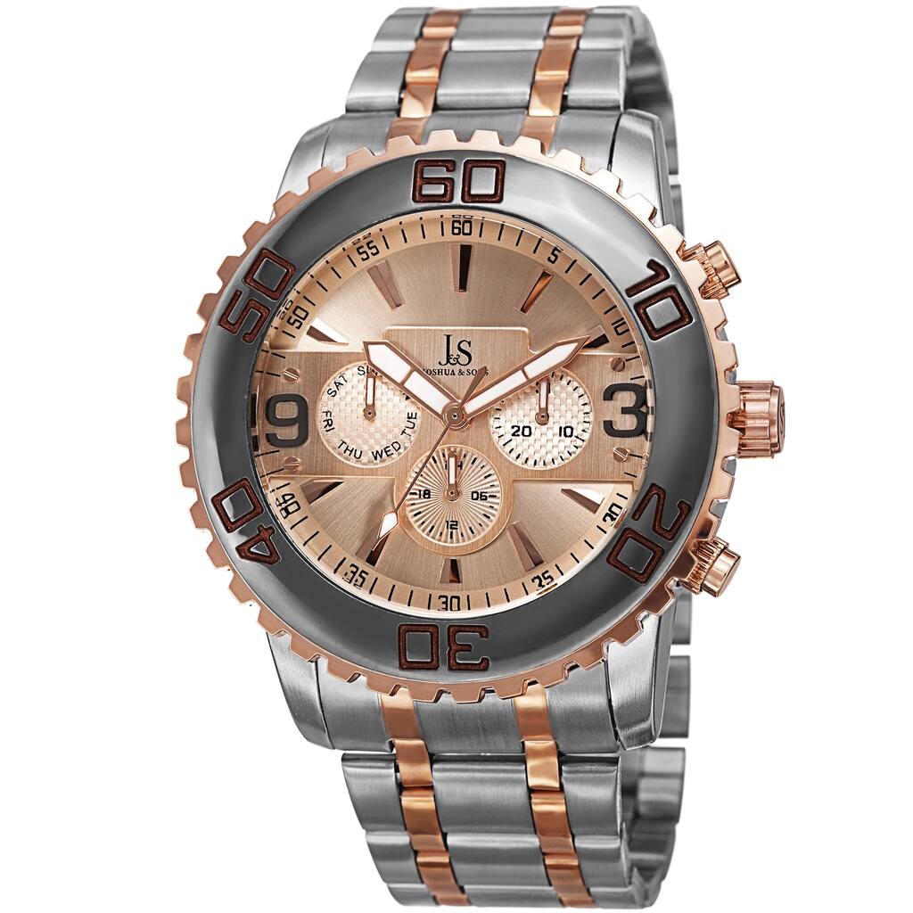 Joshua & Sons Men's Swiss Quartz Multifunction Dual Time Stainless Steel Two-Tone Bracelet Watch