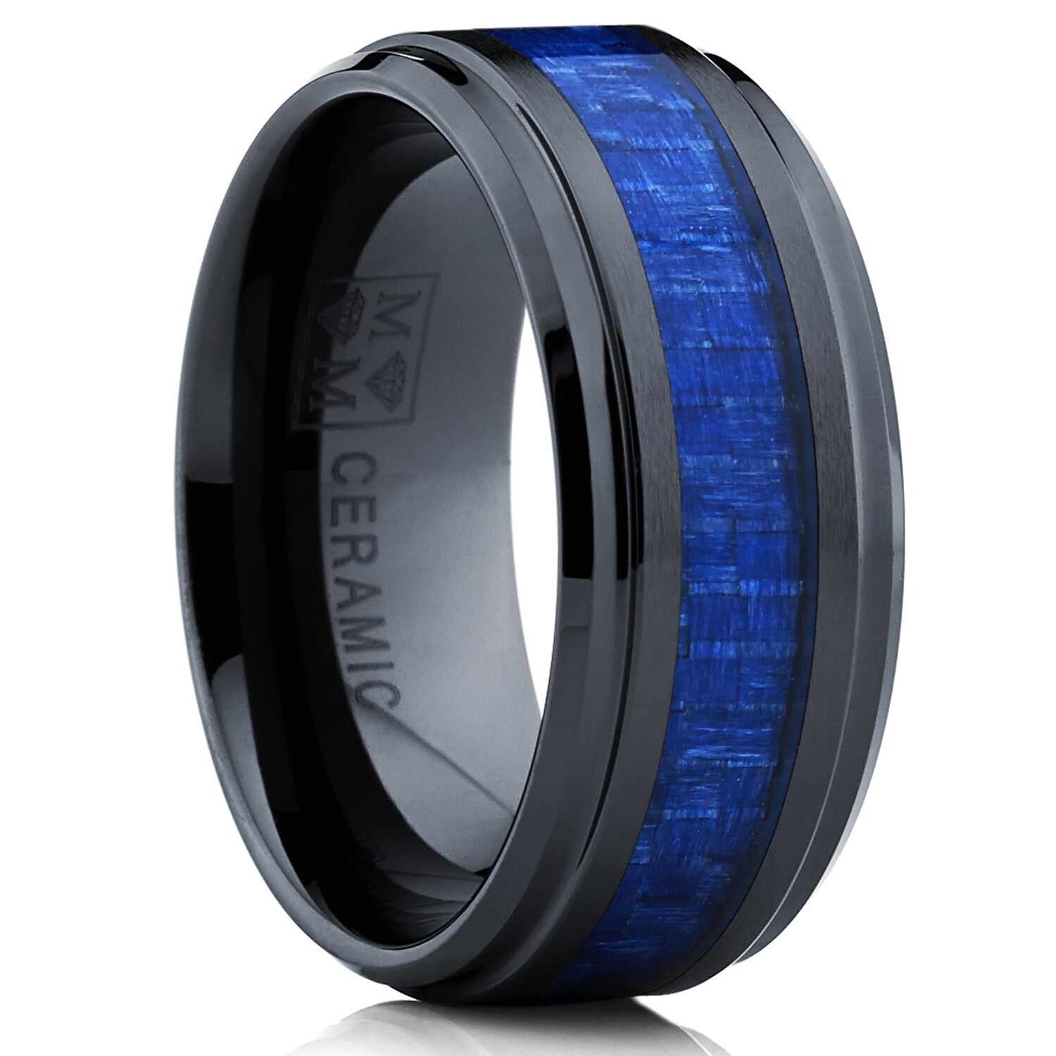 8MM Dome Mens Black Ceramic Ring Wedding Band with Blue Carbon Fiber Inlay Sizes 5 to 15