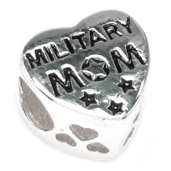 Sterling Silver MILITARY MOM Word Dangle Charm Bead For Bead Charm Bracelet