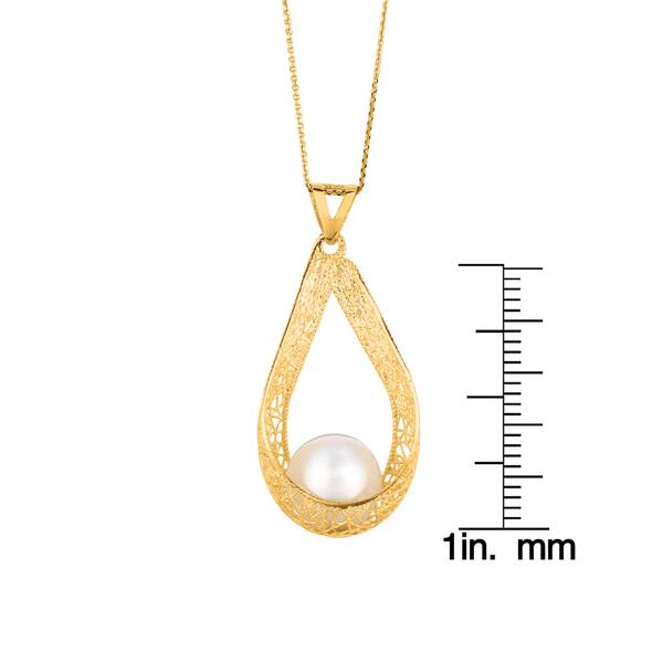 6mm Freshwater Pearl Open-Design Tear-Drop Real 14k Yellow Gold Necklace Pendant 