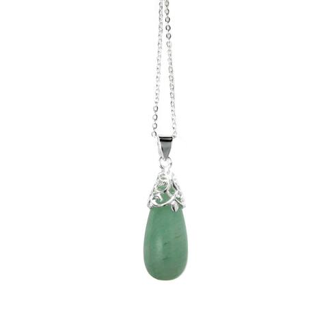 Queenberry Sterling Silver Genuine Green Aventurine Stone Teardrop Pendant Necklace