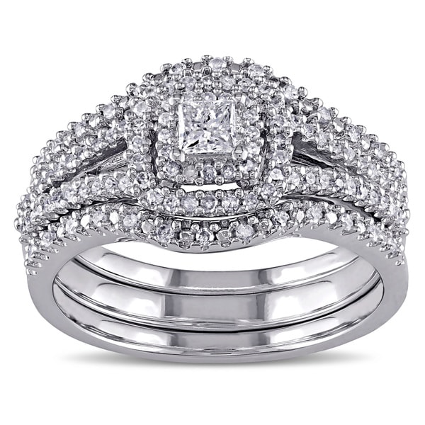 Miadora 1/2ct TDW Princess and Round-Cut Diamond Halo Split Shank Bridal Set in Sterling Silver