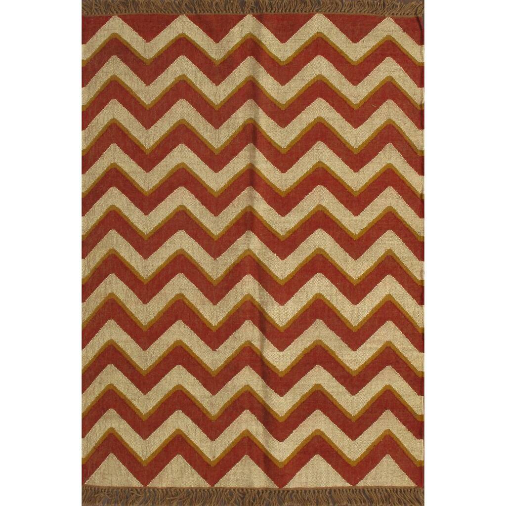 Chevron Beige Red Wool Rug
