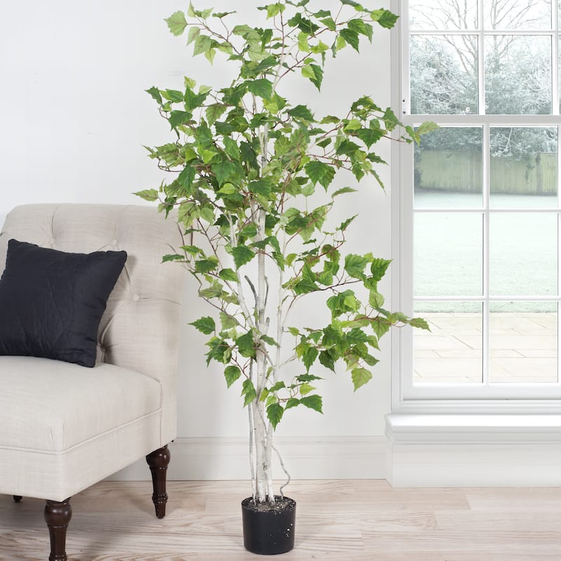 Birch Artificial Tree - 60-Inch Potted Faux Plant with Natural Looking Leaves for Office or Home Decor