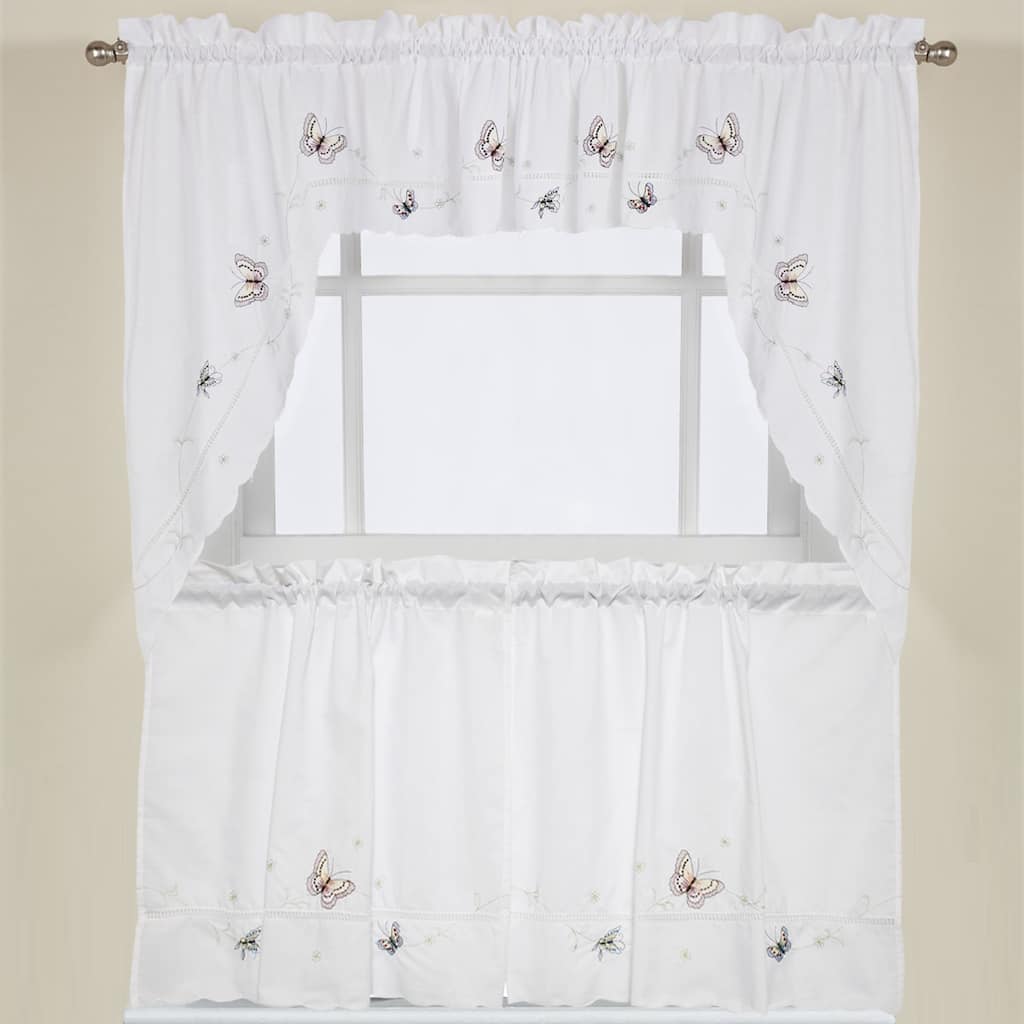 Fluttering Butterfly White Embroidered Tier, Swag, or Valance Kitchen Curtains
