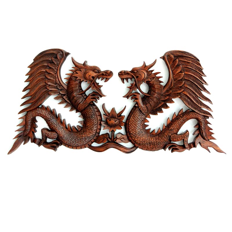 Handmade Suar Wood 'Winged Dragons' Relief Panel (Indonesia)