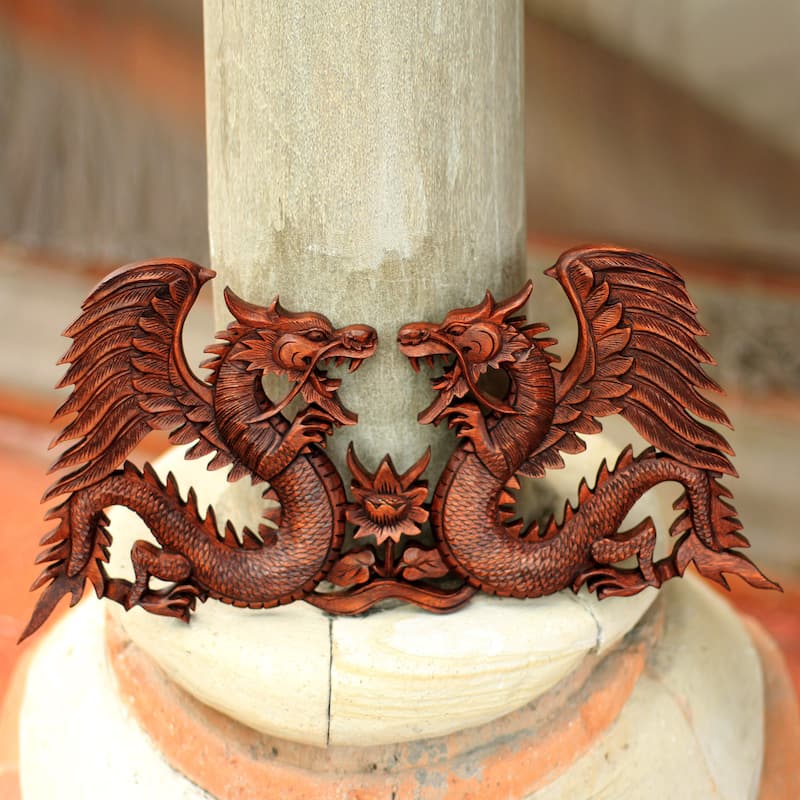 Handmade Suar Wood 'Winged Dragons' Relief Panel (Indonesia)