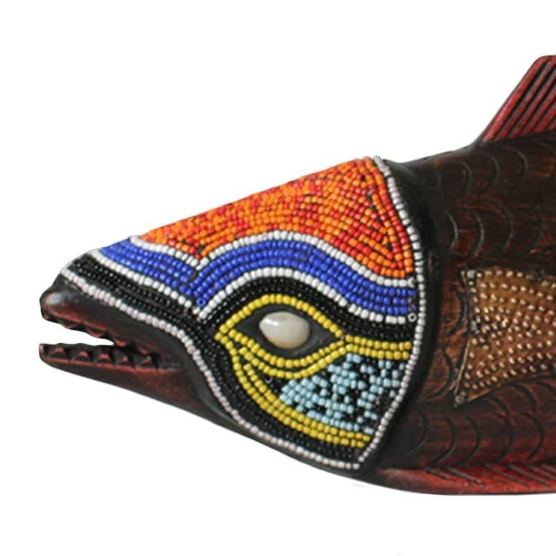 Handmade Beaded Sese Wood 'Tribal Salmon' Sculpture (Ghana)