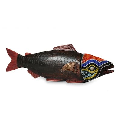 Handmade Beaded Sese Wood 'Tribal Salmon' Sculpture (Ghana)