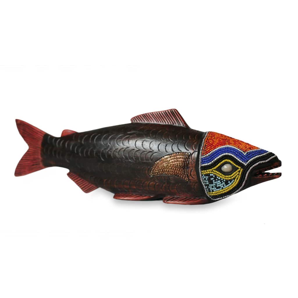 Handmade Beaded Sese Wood 'Tribal Salmon' Sculpture (Ghana)