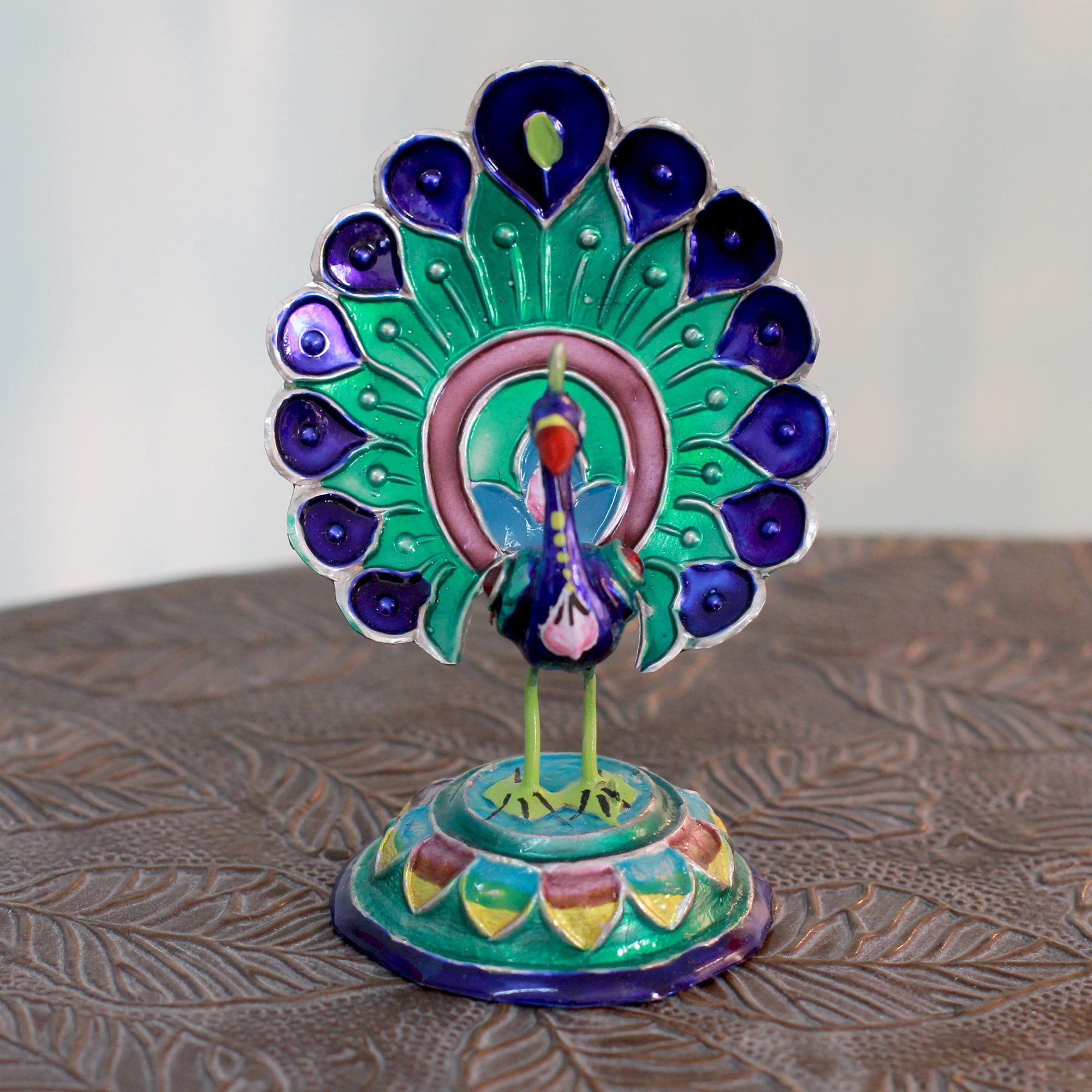 Shop Handmade Meenakari Sterling Silver 'Lucknow Peacock' Figurine