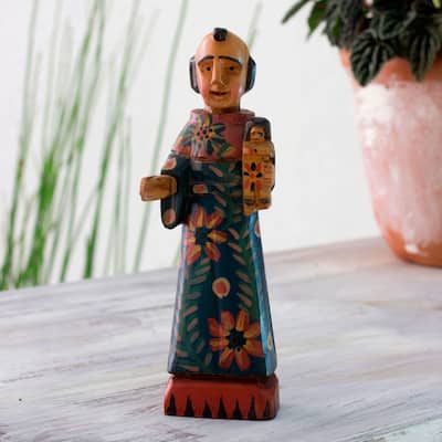 Handcrafted Pinewood 'Saint Anthony in Blue' Sculpture (Guatemala)