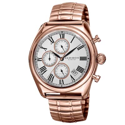 Akribos XXIV Men's Quartz Multifunction Dual-time Stainless Steel Expanding Rose-Tone Bracelet Watch - Gold