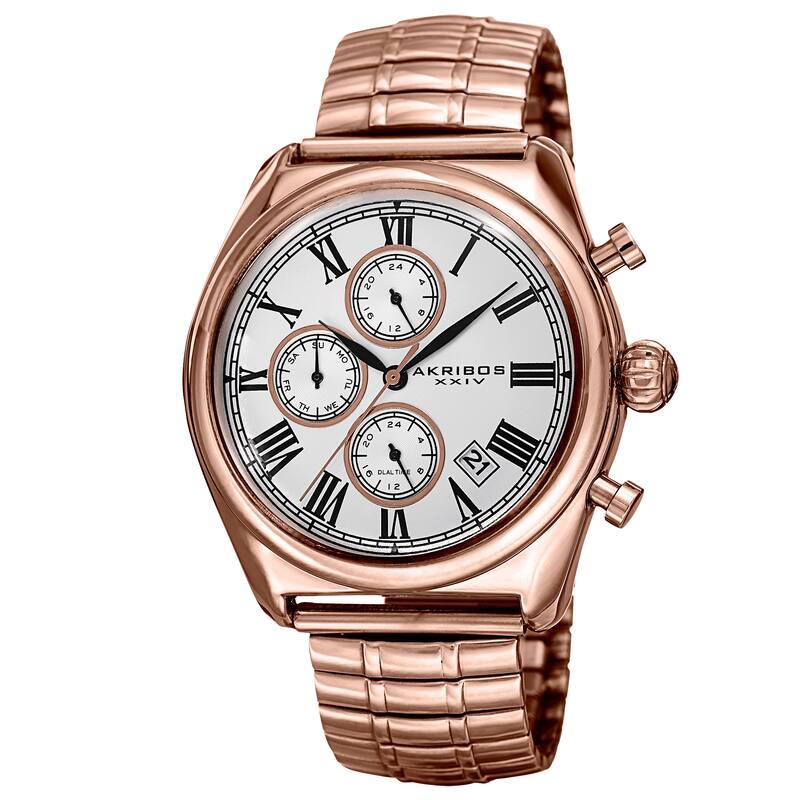 Akribos XXIV Men's Quartz Multifunction Dual-time Stainless Steel Expanding Rose-Tone Bracelet Watch - Gold