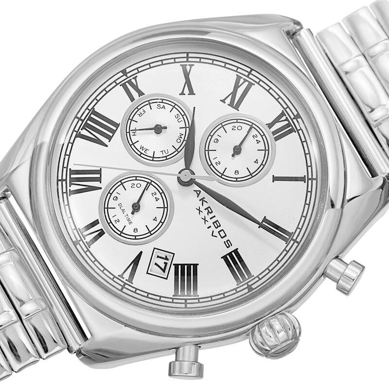 Akribos XXIV Men's Quartz Multifunction Dual-time Stainless Steel Expanding Silver-Tone Bracelet Wat - silver