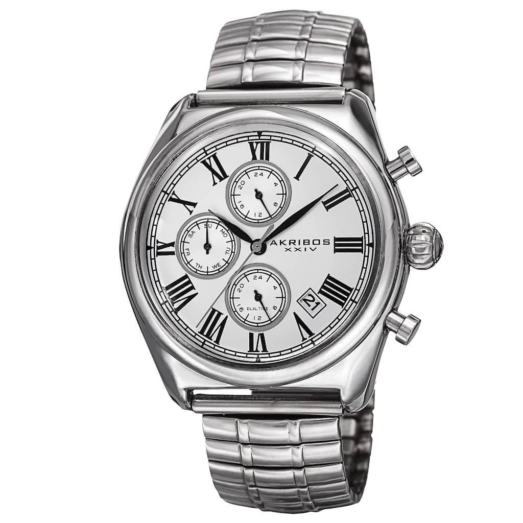 Akribos XXIV Men's Quartz Multifunction Dual-time Stainless Steel Expanding Silver-Tone Bracelet Wat - silver