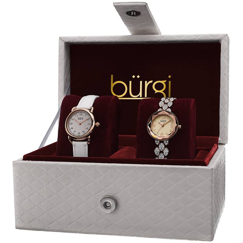 Burgi Women's Swarovski Crystal Quartz Leather Rose-Tone Strap/Rose-Tone Bracelet Watch Set - GOLD