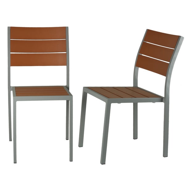 Cortesi Home Avery Aluminum Outdoor Chair in Poly Teak & Silver, Set of 2