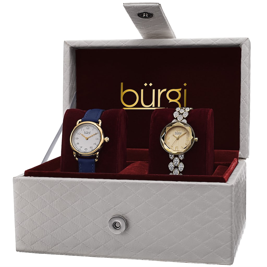 Burgi Women's Swarovski Crystal Quartz Leather Gold-Tone Strap/Bracelet Watch Set - GOLD