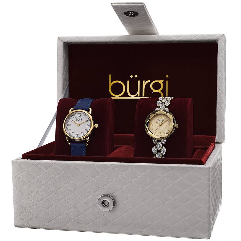 Burgi Women's Swarovski Crystal Quartz Leather Gold-Tone Strap/Bracelet Watch Set - GOLD
